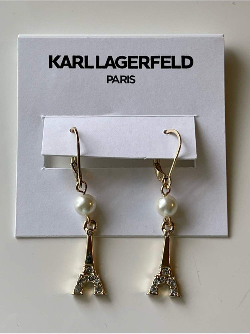 Karl Lagerfeld Gold and White Eiffel Tower Pearl Drop Earrings